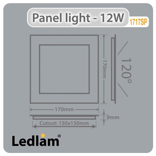 Ledlam LED Panel Light 12W Square 1717SP silver Dimensions