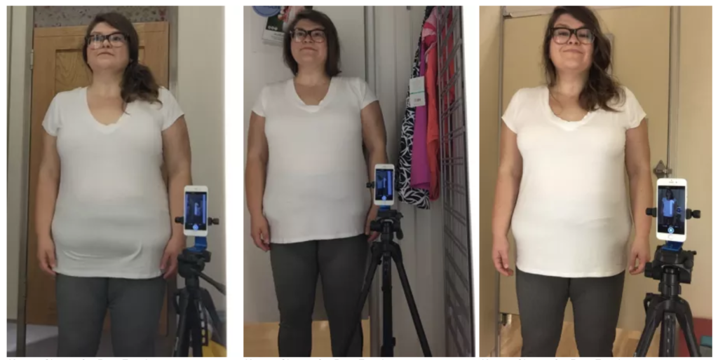 Screenshot of reporter Kristin Chirico in three fitting rooms trying on the same white shirt