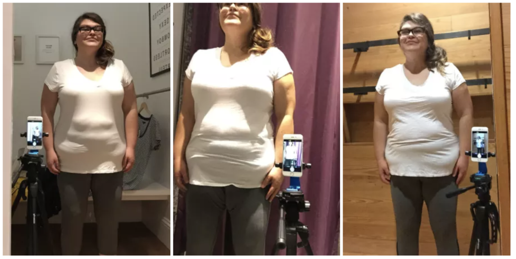 Reporter Kristen Chirico pictured in three dressing rooms in the same white shirt, showing the difference lighting makes in creating shadows