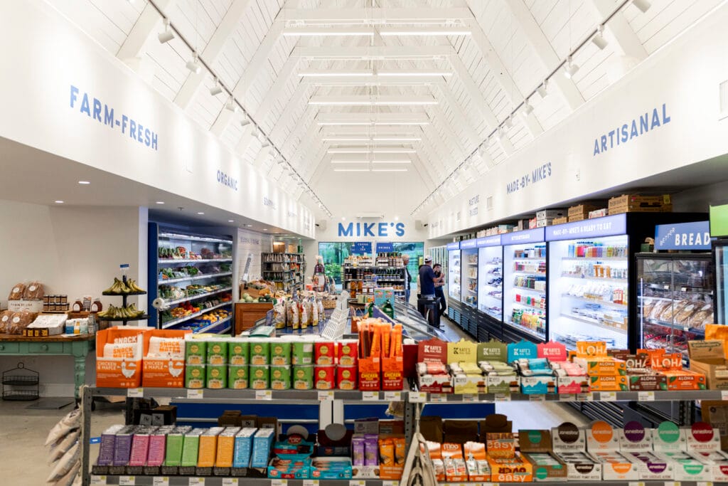 Photo of Mike's Organic Grocery store, showing colorful products and produce lit by LED lighting with excellent color rendering capabilities 